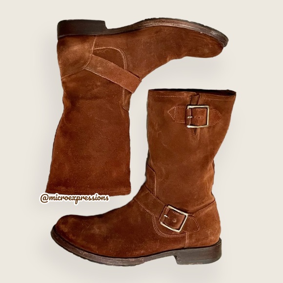 $389 Veronica Short Belted Brown Suede Leather Popular Moto Vintage Combat Boot - Picture 16 of 16